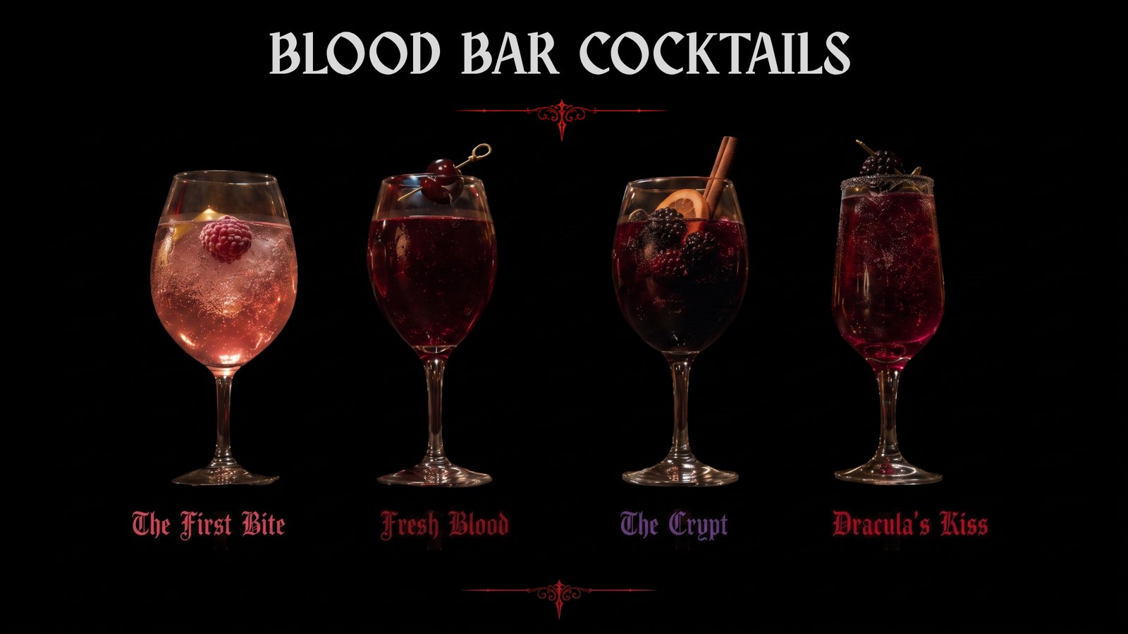 The four Blood Bar cocktails in a row: The First Bite, Fresh Blood, The Crypt, Dracula's Kiss.