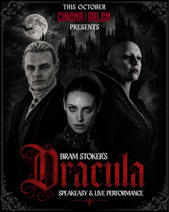 The three principals of Dracula's Speakeasy under a full moon: Van Helsing, Mina, and the Count.